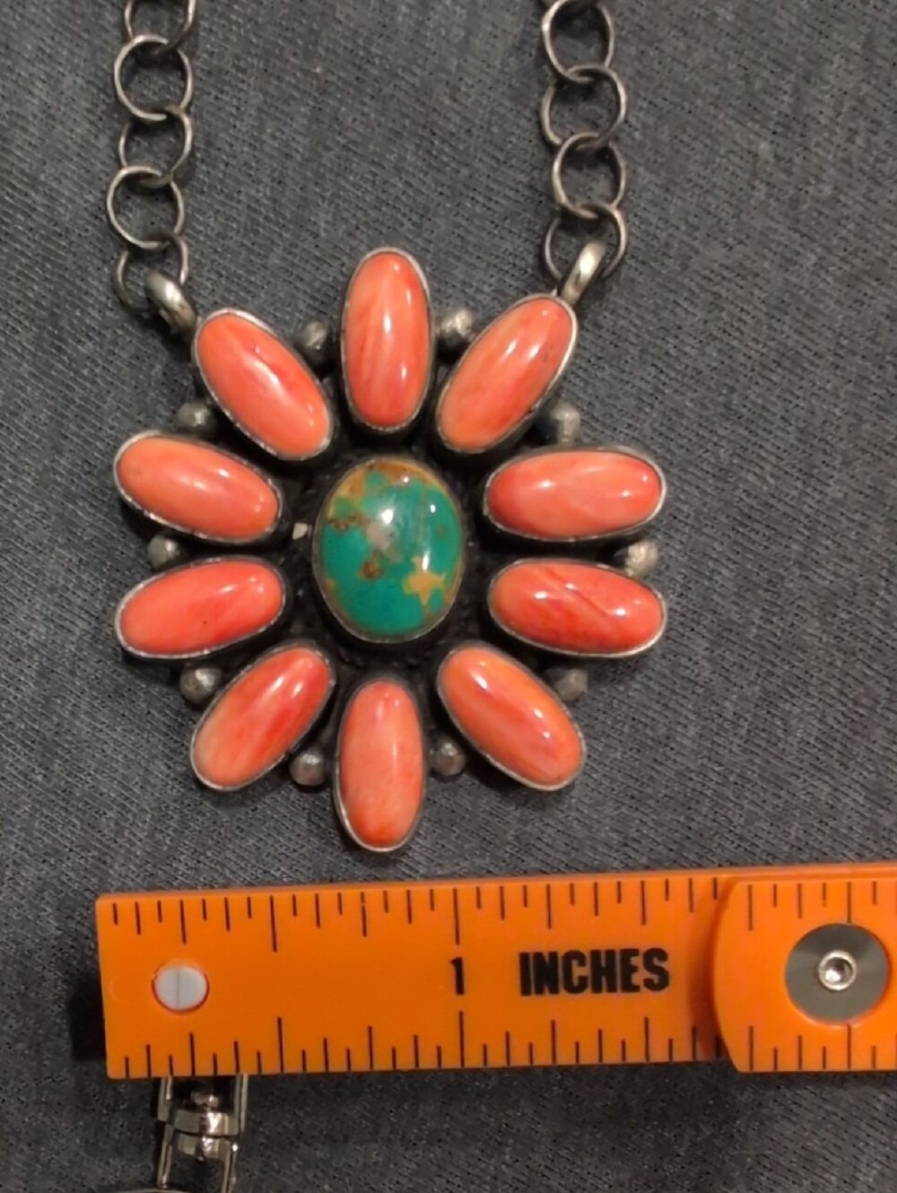 Navajo Made Orange Spiny And Turquoise Sunburst Pendant Necklace - Picture 4 of 4